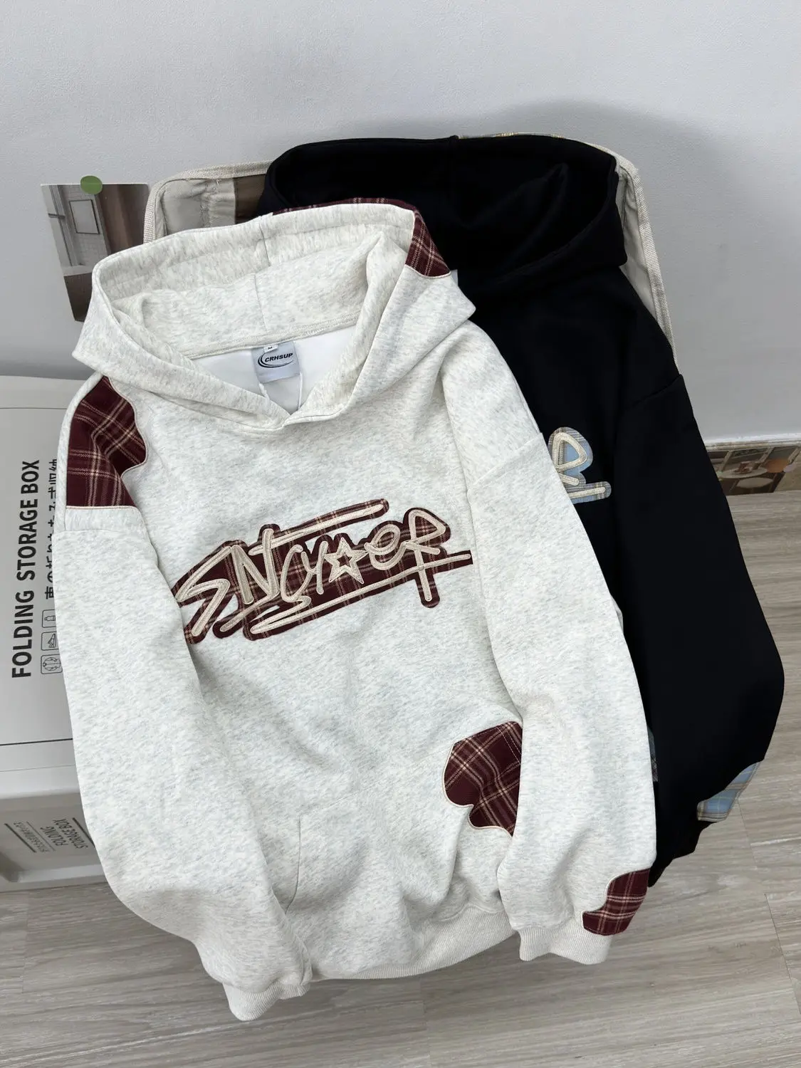 Spliced plaid embroidered hooded sweatshirt for women in autumn and winter high street trendy brand couple loose hoodie jacket