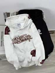 Sonbahar ve kış yüksek sokak trendy marka çift gevşek hoodie ceket kadınlar için eklenmiş ekose işlemeli kapüşonlu sweatshirt