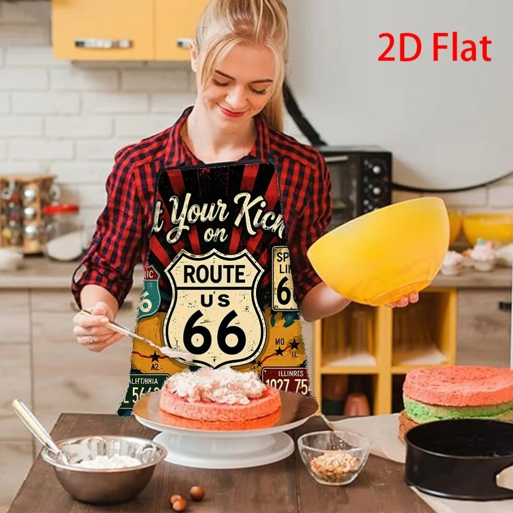 Vintage Route 66 Apron, Retro American Road Trip Sign Graphic Cooking Bib, Classic Car Kitchen Decor, Gift for Men Dad