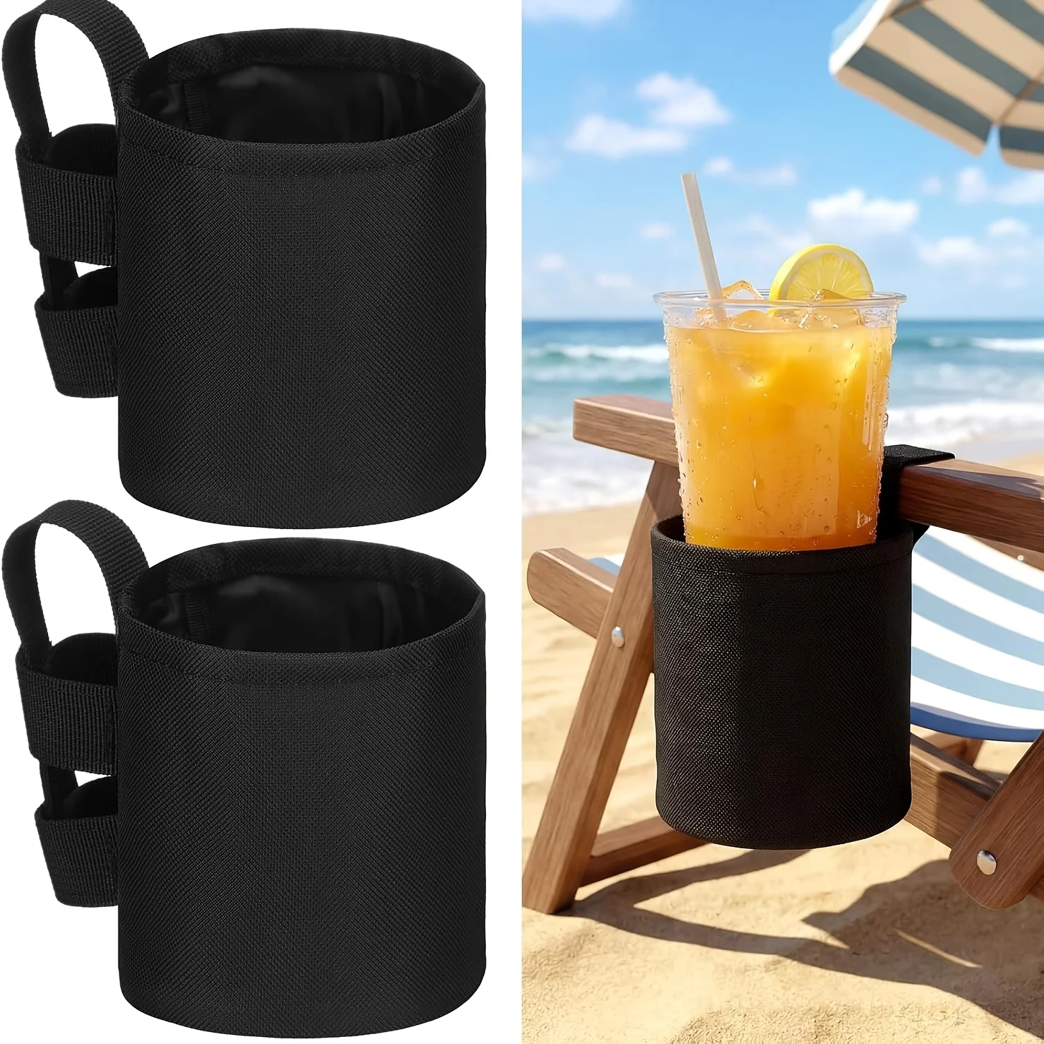 Universal Portable Black Cup Holder Sleeve Multifunctional Water Bottle Storage Rack For Beach Pool Camping Lounge Chair Travel