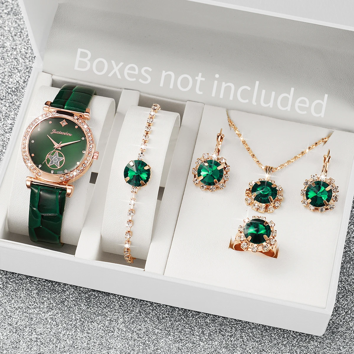 6 stks/set Dames Groen Lederen Band Quartz Horloge met Diamanten Sieraden Set