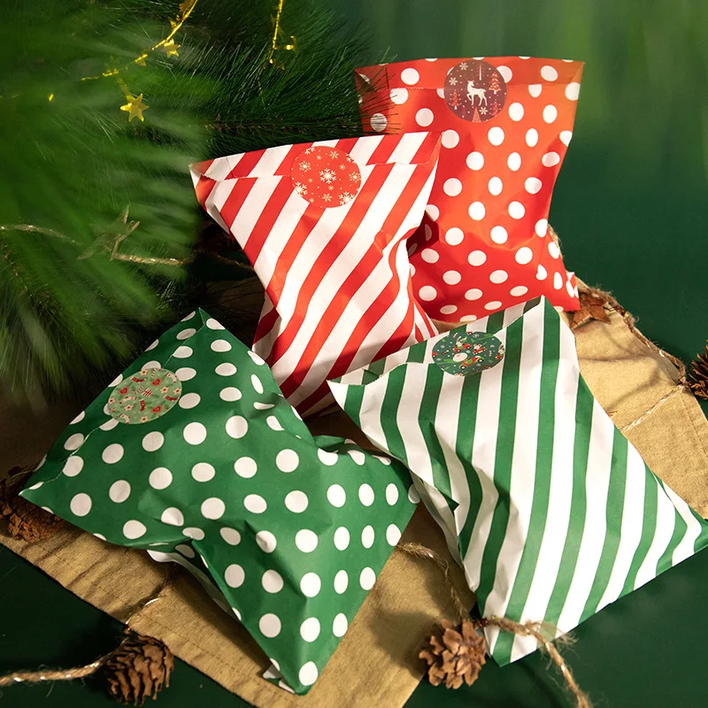 24Pcs Christmas Paper Treat Bags with Stickers Polka Dot & Striped Pattern Candy Buffet Bags for Xmas Party Favor Gift Bags