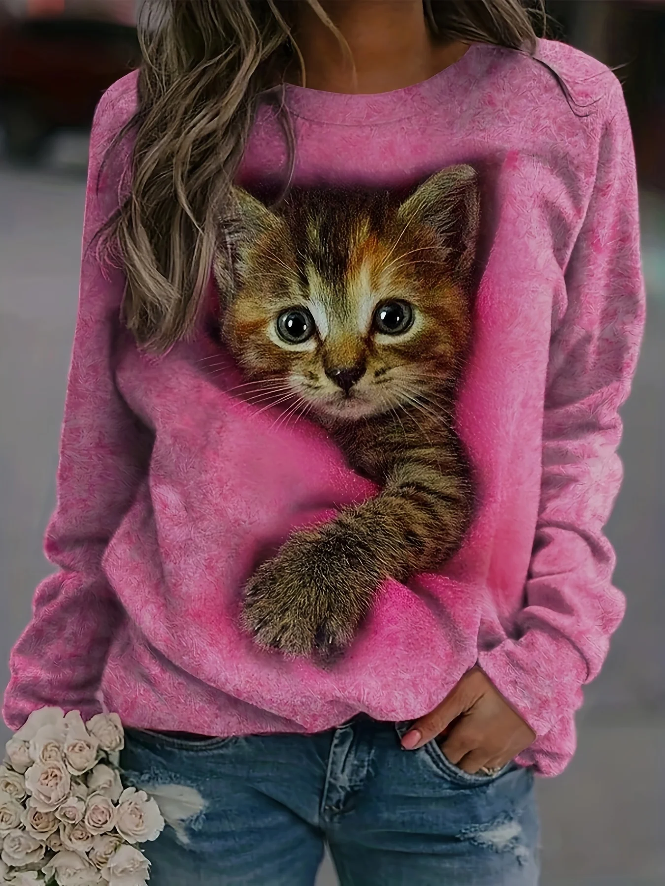 Cute Cat Sweatshirt Soft and Comfortable Long Sleeve Crew Neck Design for Casual Wear - Perfect for Ladies and Girls Wom