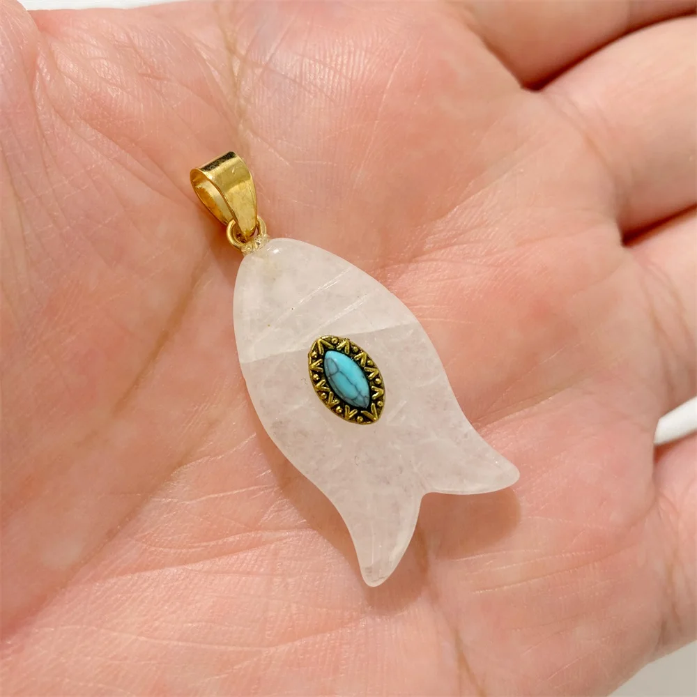 

2Pcs Unique Inlay Evil Eye Fish Shape Crystal Pendant Natural White Quartzs Stone Charms For Jewelry Making Necklace DIY 15x31mm