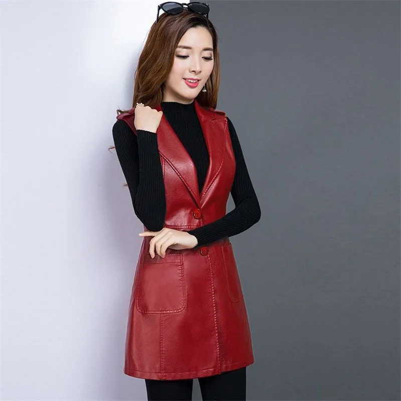 Vest Coat Women's PU Leather Jacket Waistcoat Long 2024 Suit Vest Sleeveless Women Cardigan Suit Vest Outcoat Black