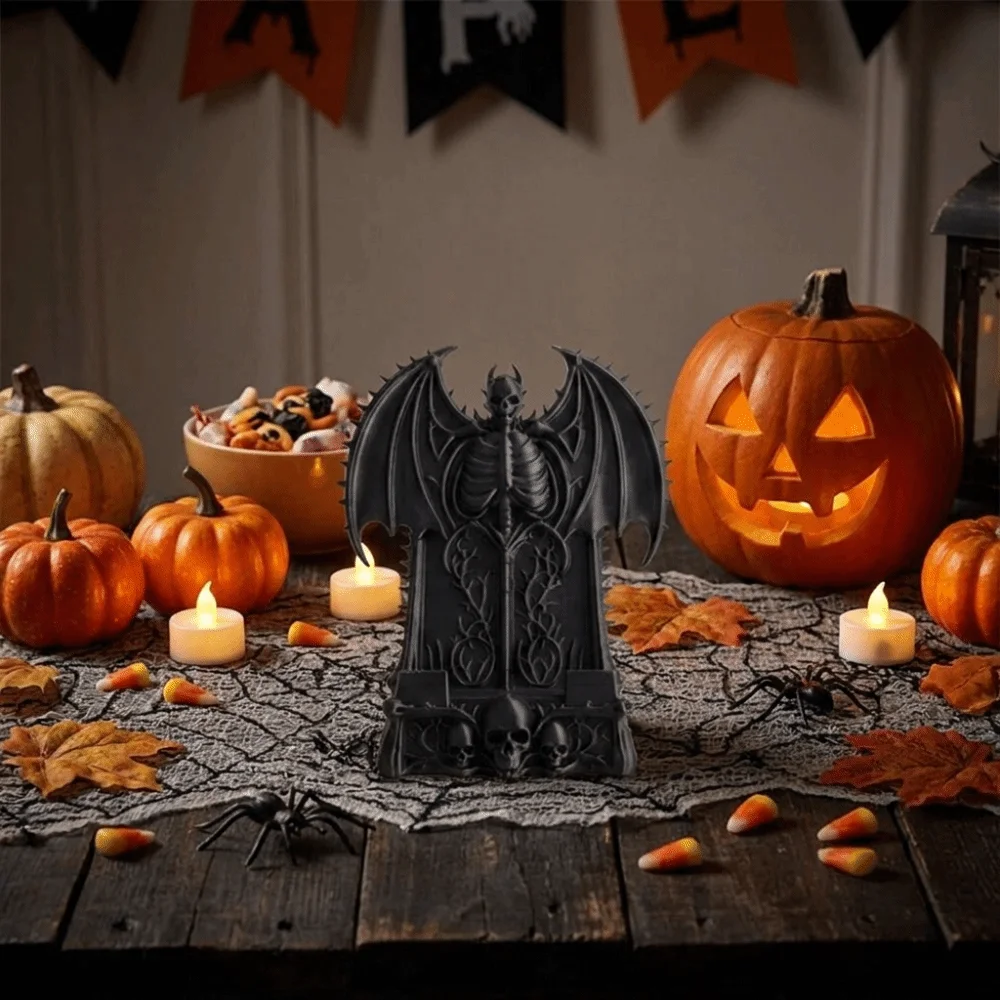 3D Printed Skull Phone Stand Dark Fantasy Stable Devil Bat Phone Storage Rack Plastic Spooky Cell Phone Holder Dorm Room