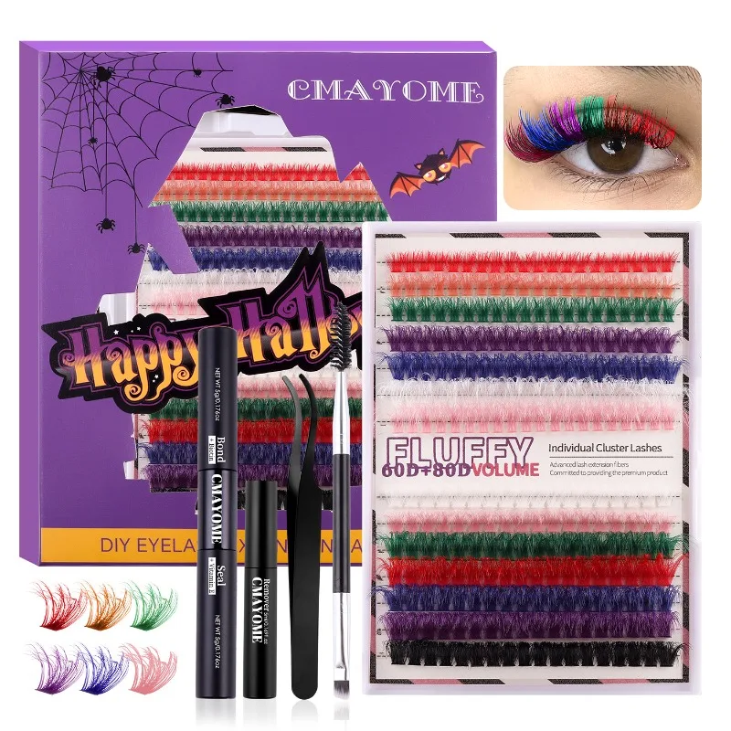 

60D 80D Fluffy Lash Extensions Kit Colored Halloween Cosplay False Eyelashes Bond and Seal Remover Tweezer Set Russian Eyelash