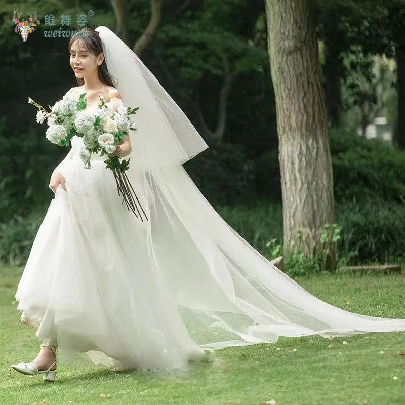 حار بيع 2 طبقة الزفاف الحجاب الزفاف الأبيض زائدة طويلة لينة شير بسيطة الكلاسيكية اكسسوارات الزفاف رئيس الحجاب