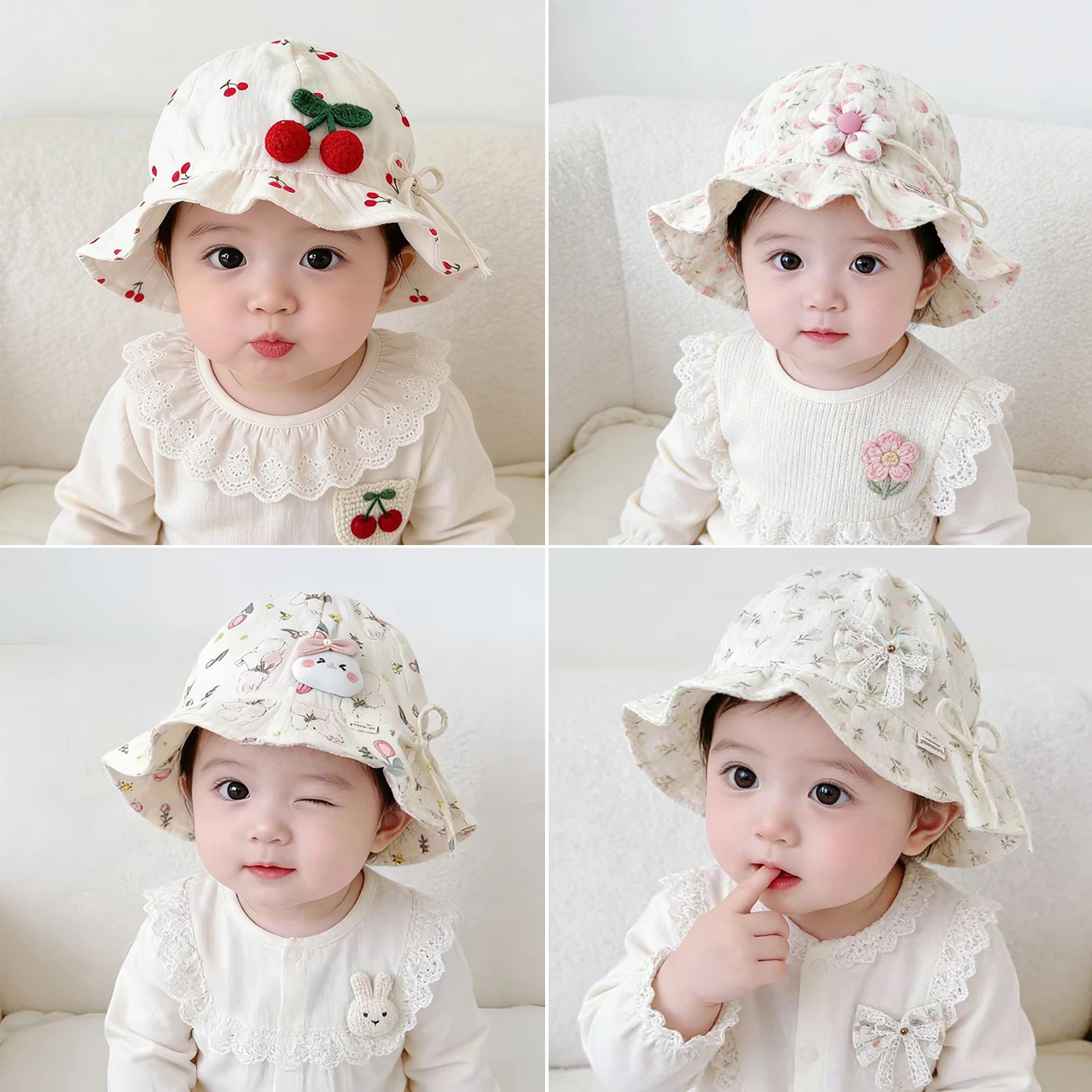 Lightweight Sun Hat Baby Girl Drawstring Fisherman Hat Flower-print Princess Kids Bucket Cap 6-24Month Uv-protective Basin Caps
