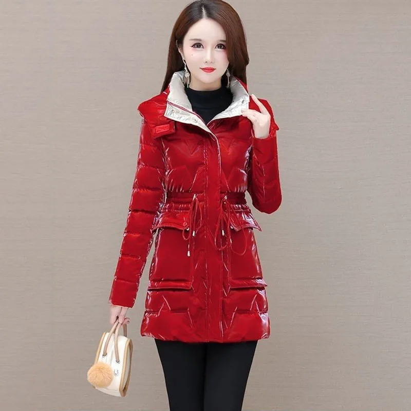 New Women\'s Down Cotton Coat Winter Warm Jacket Long Thick Bright Face Wash Padded Jackets Female Hooded Parker Overcoat Red 5XL