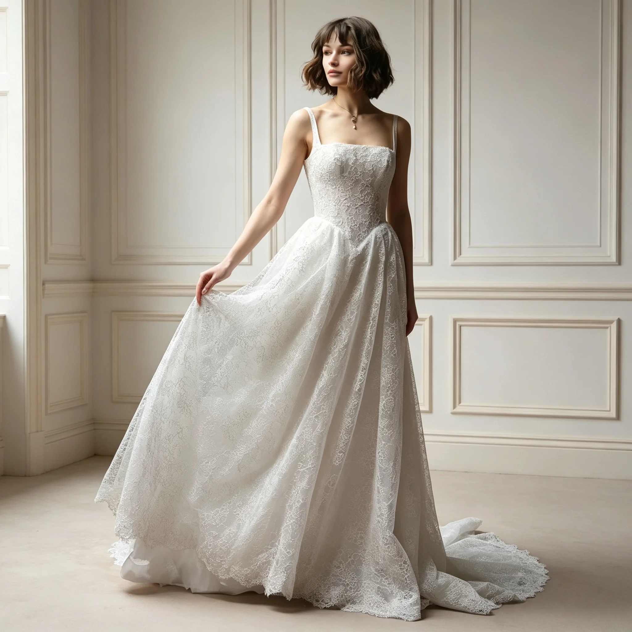 A-line Square Neck Wedding Gown For Women LaceSleeveless Chapel Train A-line Vestidos De Novia Open Back Long Train Customizable