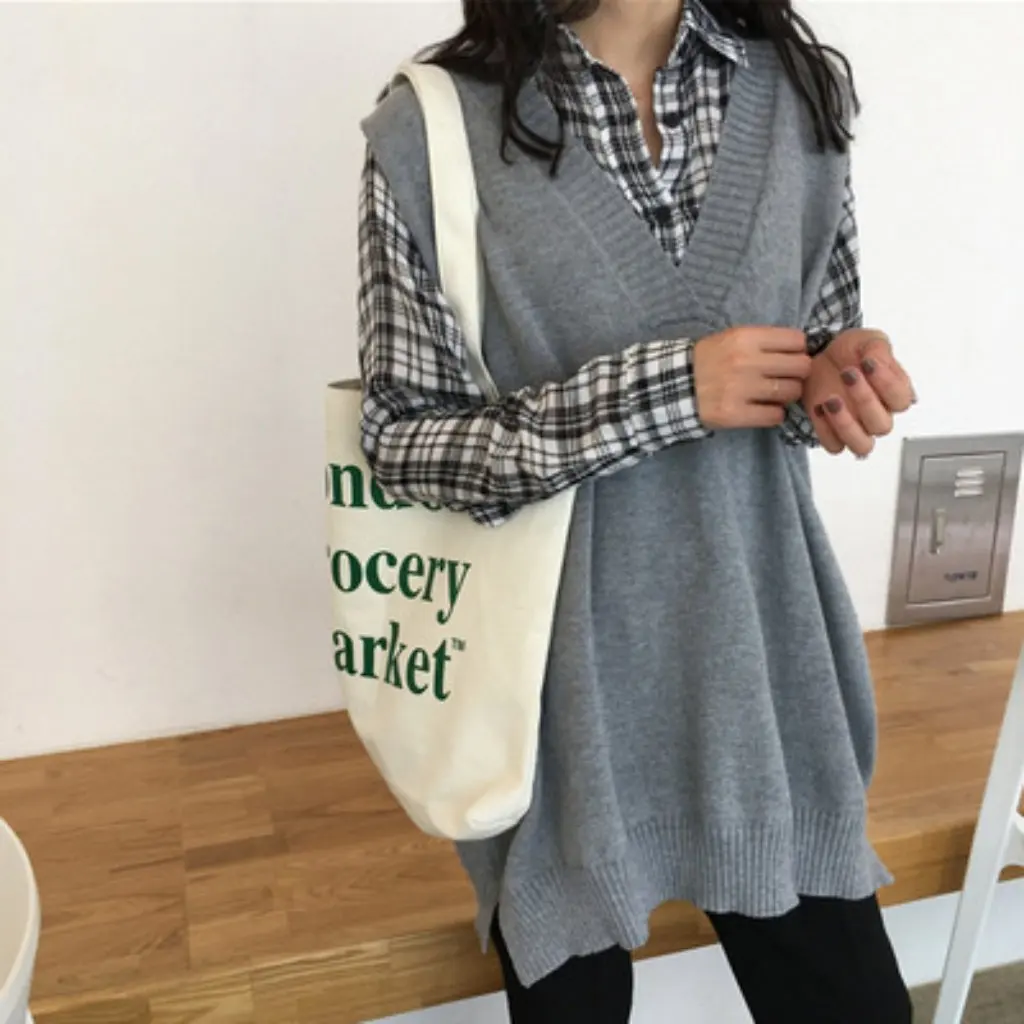 

Women's Knitted Vest Mid-Length Black Sweater Waistcoat Korean Style Early Autumn Fashion Stackable Vest