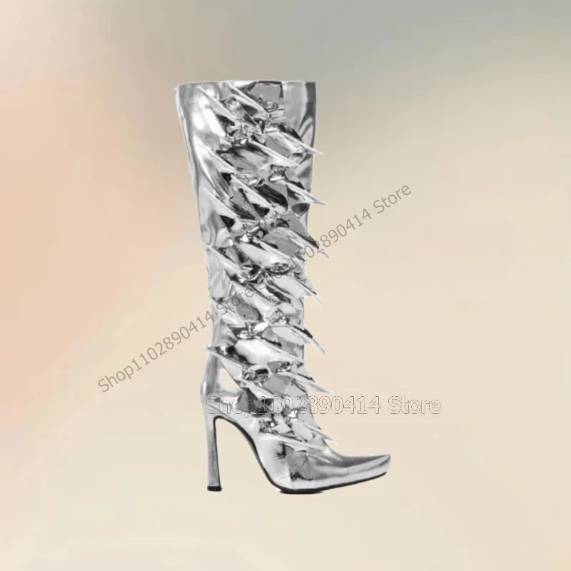 

Silver Pleated Ruffles Design Glitter Pointed Toe Boots Side Zipper Women Shoes Thin High Heels Fashion 2023 Zapatos Para Mujere