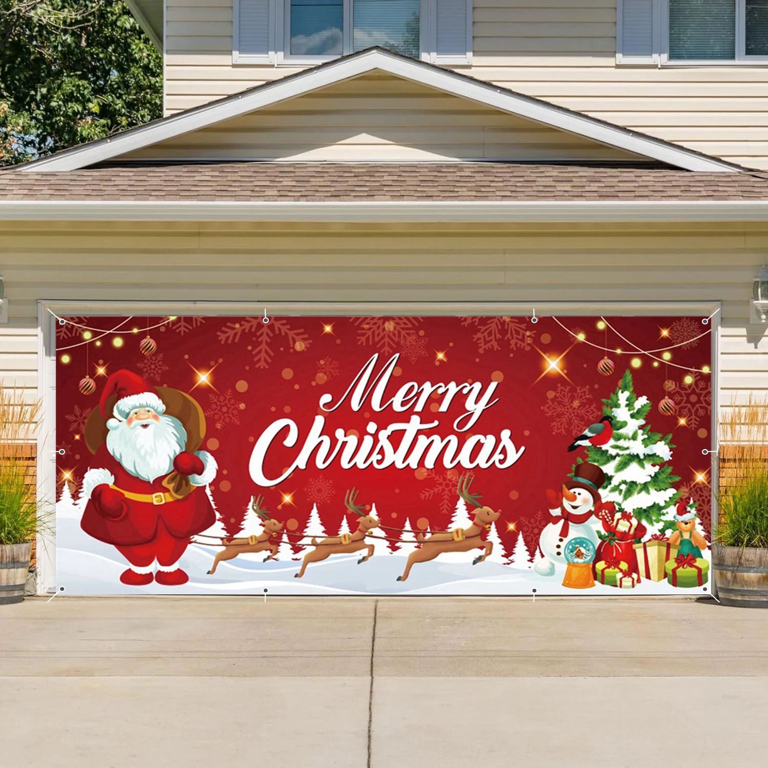 Red Merry Christmas Garage Wall Background Banner Winter Snowman Santa Claus Xmas Tree Gifts Decor Garage Door Frame With Hooks