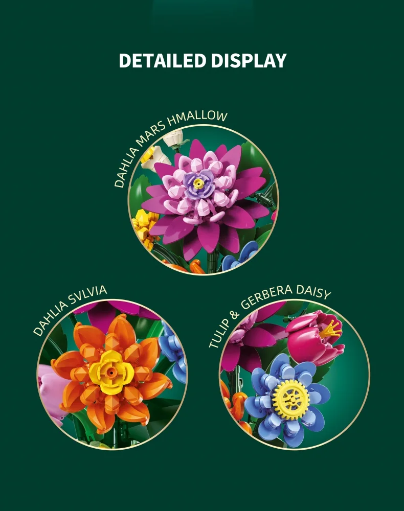 SEMBO Ewiger Blumenstrauß Bausatz MOC Rosen-Modell Bausteine Spielzeug Vase Heimdekoration Geburtstags-/Festtagsgeschenke – Detail 12