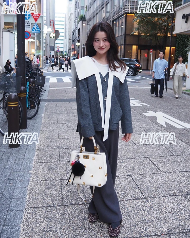 

Japanese Loose Deep V-Neck Long Sleeve Fake Two-Piece Sweater Outerwear Autumn New Sweet Casual Lace-Up Knitted Cardigan Sweater