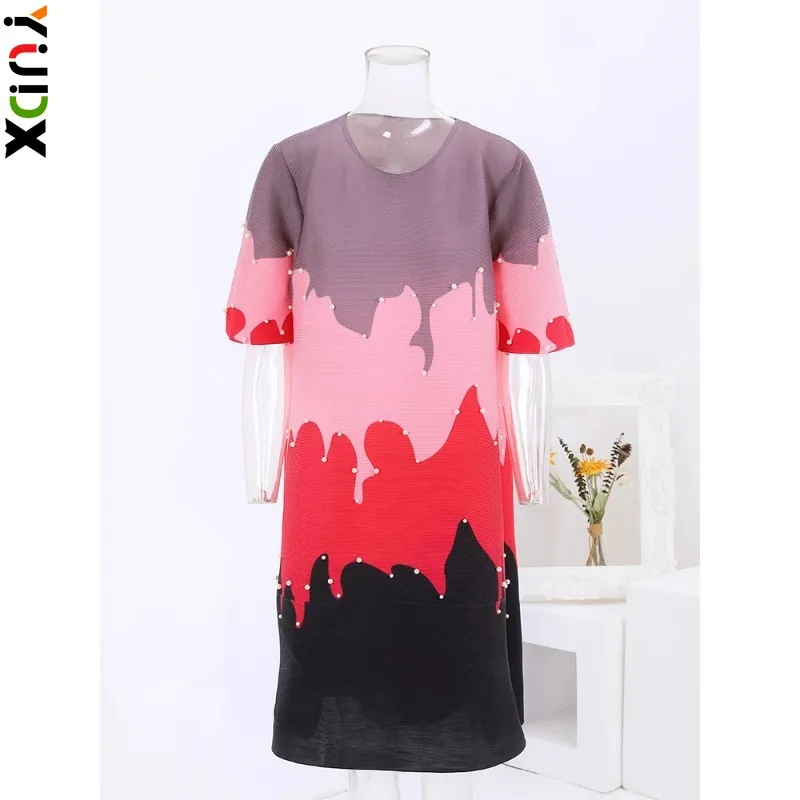 

YUDX Miyake Contrast Color Pleated Women's Dress Fashion Beading Design Mid Length Loose Dresses Casual 2024 Spring New