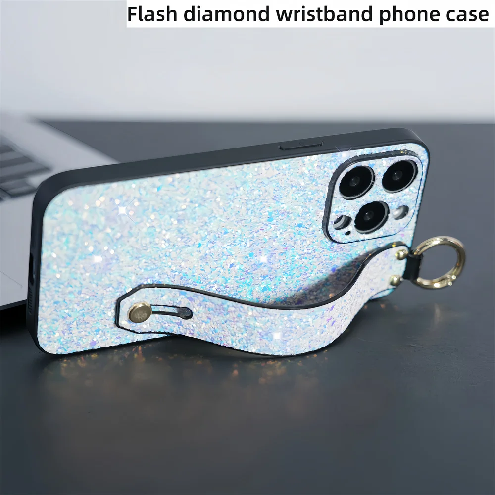 Glitter Diamond Wrist Strap Stand Case for iPhone 15proMax 14 11 12 13 15 Pro Max Plus Lens Protection Bling Silicone Soft Cover