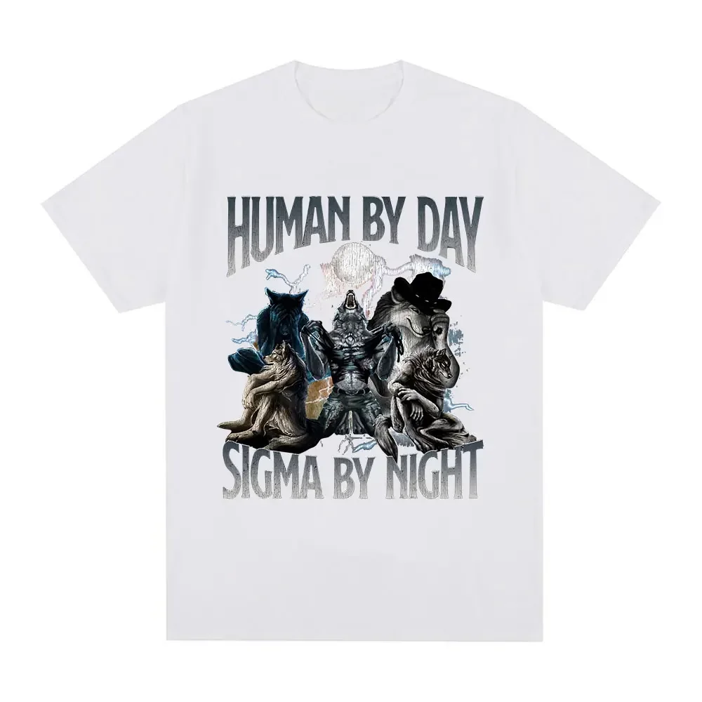 Summer Human day Sigma night Fun Wolf Graphic T-shirt Men's 100% cotton T-shirt Casual short sleeved oversized T-shirt Street