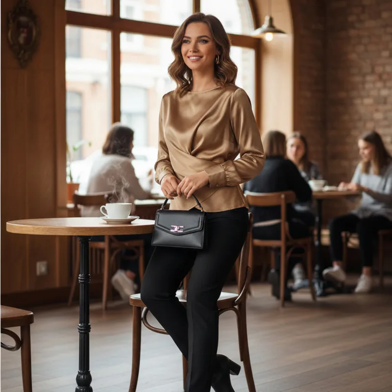 

Elegant Satin Round Neck Blouse Womens Long Sleeve Pullover Top With Draped Fabric For Chic Office Style And Daily Wear Chic