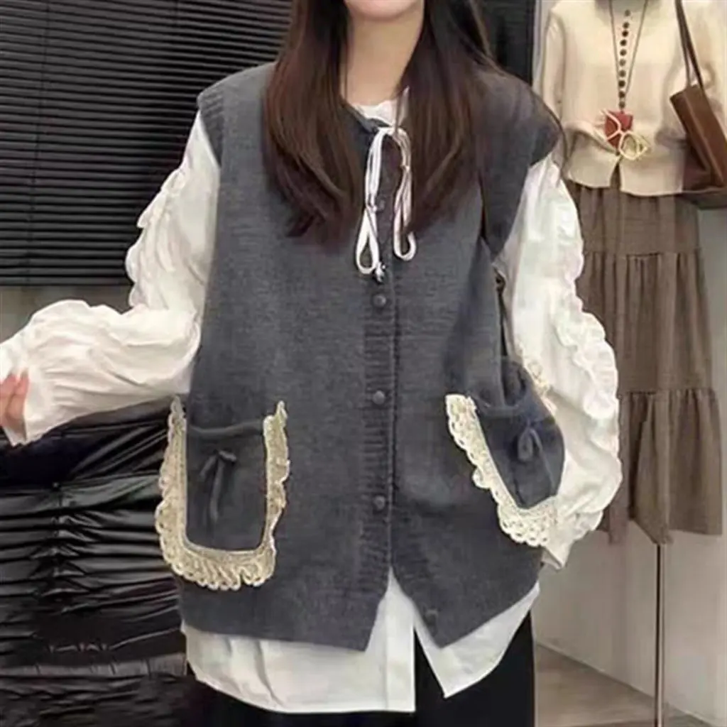 

Women's Korean Style Lazy Bow Pocket Stitching Lace Crewneck Knitted Cardigan Gentle Solid Color Trendy Sweater Vest