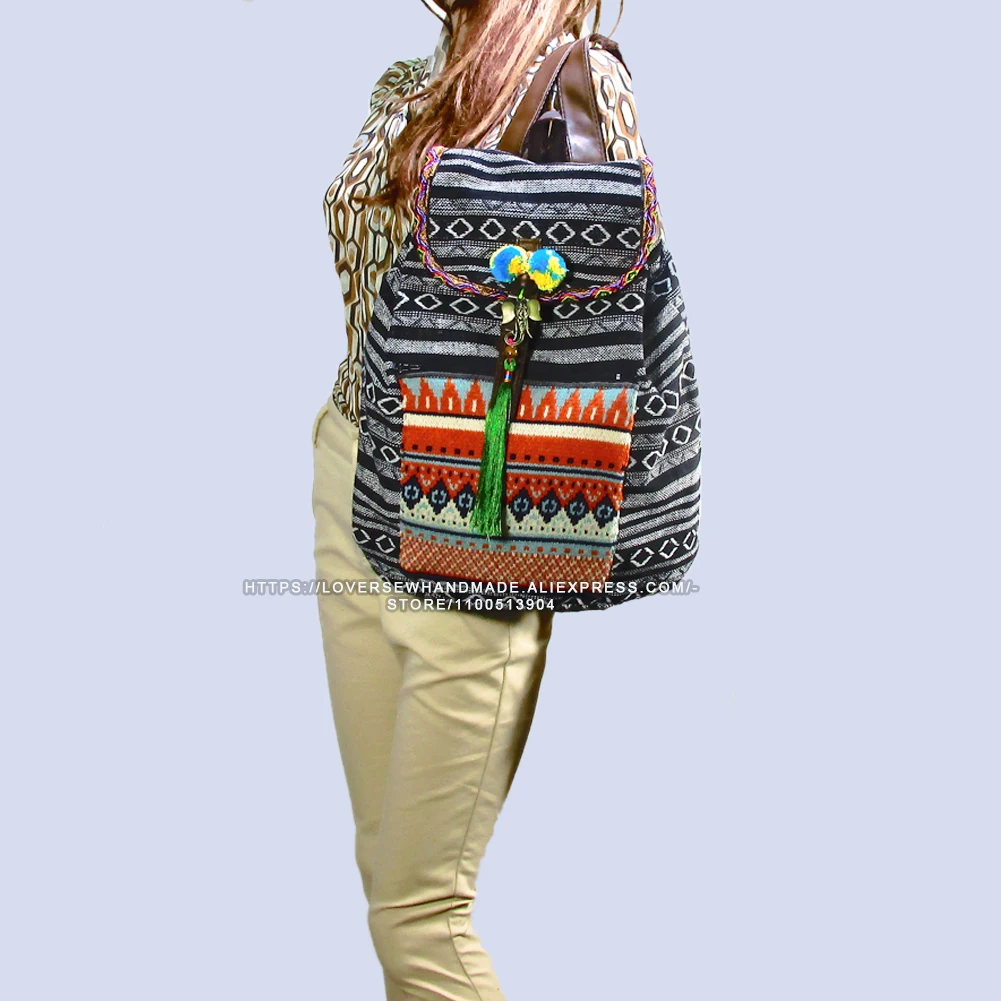 Tribal Vintage Hippie Colorful Travel Backpack Bag For Women Embroidery Pom Charm Hmong Ethnic Bohemian Boho Rucksack SYS-594