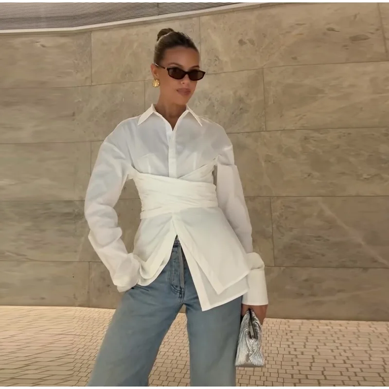 

Women's Shirts Chic Waist Cinching Lapel Shirt Woman Solid Color Irregular Hem Long Sleeves Slim Top Casual Commuting Versatile