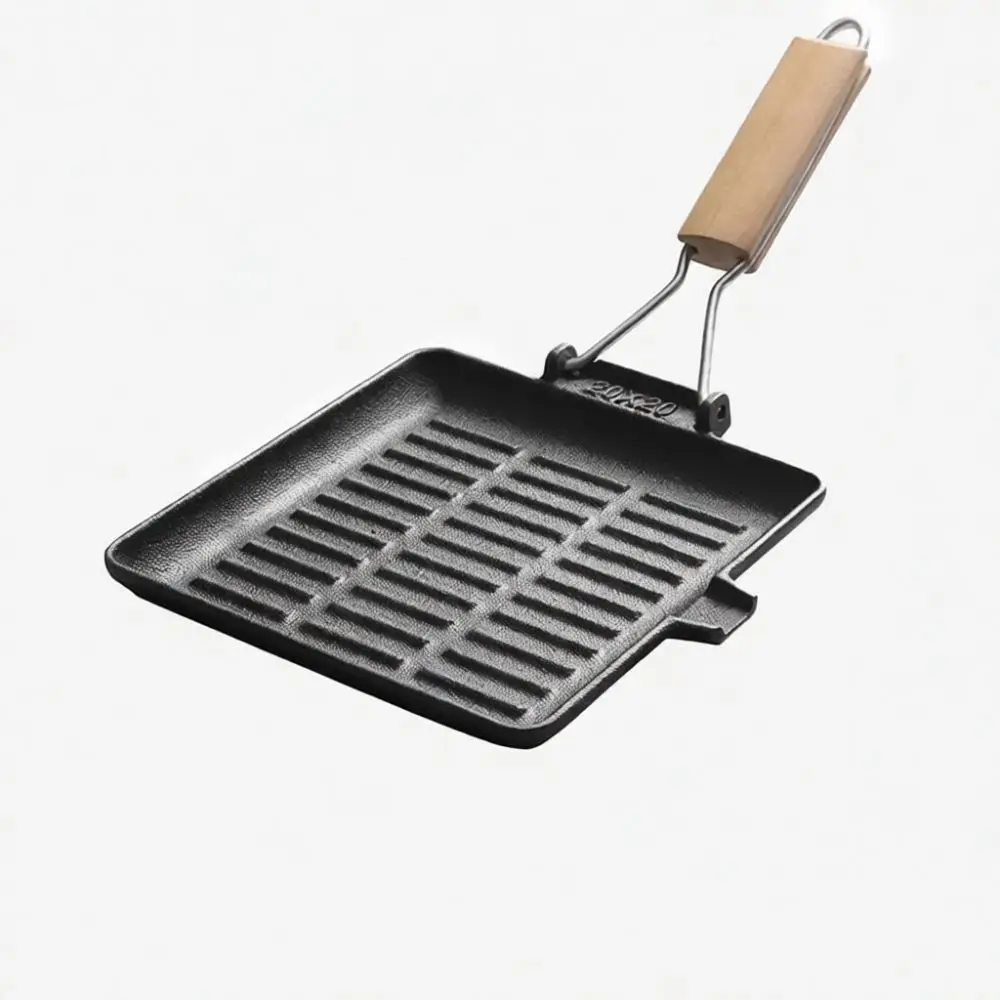 Heavy Duty Cast Iron Grill Pan Steak Searing Skillet Foldable Handle Square Nonstick Griddle Pan Cooking Kitchen Tool
