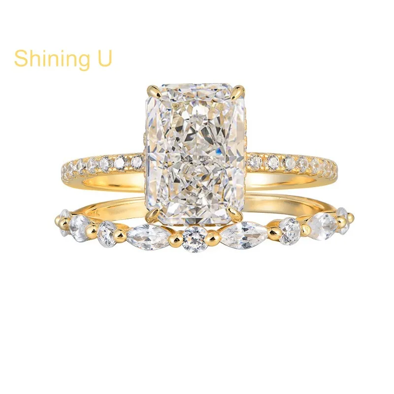 Shining U S925 Silver High Carbon Diamond Gems 3.5CT Ring Set for Women Fine Jewelry Engagement Summer