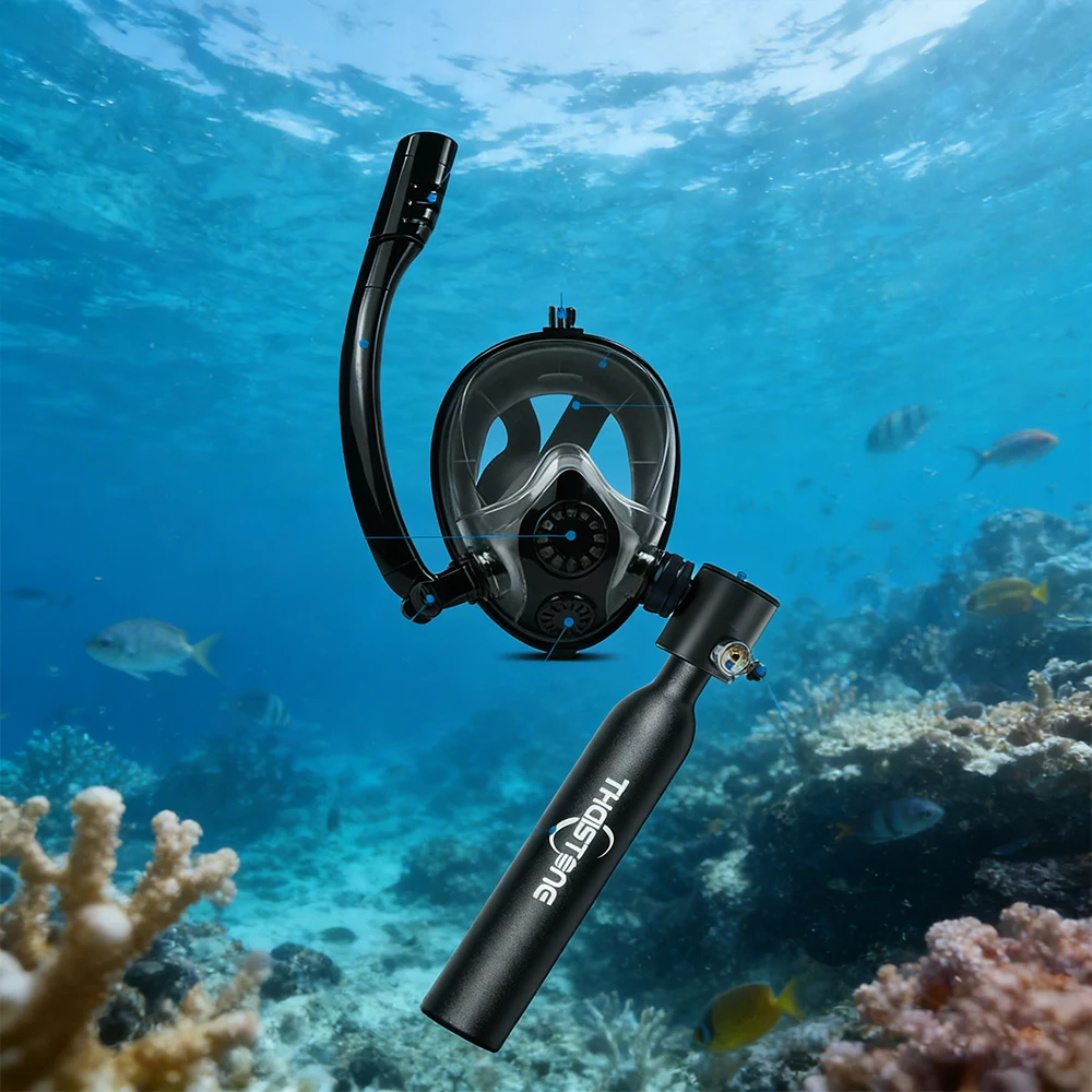 

THAISTONE 0.5L Scuba Tank with Valve, Double Tube Snorkel Mask & Lanyard Diving Set
