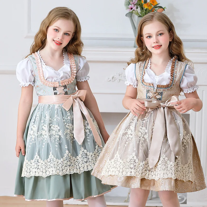 

Deluxe Kids Oktoberfest Performance Costume Lace Apron Party Dress Short Sleeve Maid Girls Cute Pastoral Children's Clothing