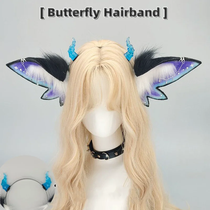 Halloween Demon Butterfly Fantasy Plush Ear Headpiece Furry Animal Cosplay Hairband Creature Fantasy Hair Accessory
