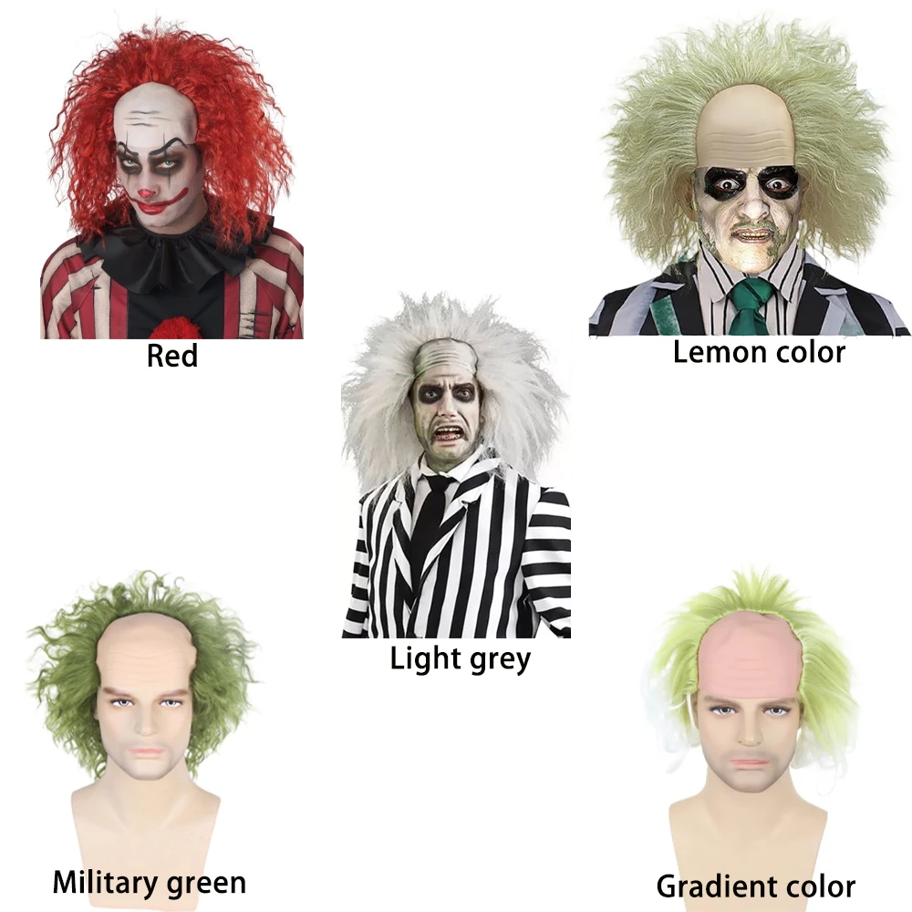 10-Inch Cosplay Synthetic Hair Mage, Beetle, Green Clown, Bald Head, Curly Hair, Halloween Party Stage Performance Prop Wig