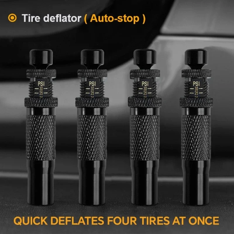 Adjustable Auto-Stop Tire Deflator Valve Kit (10-30 PSI) 4 PCS Screw-on Tyre Air Down Tool for Vehicles Motorcycle Offroad 4x4