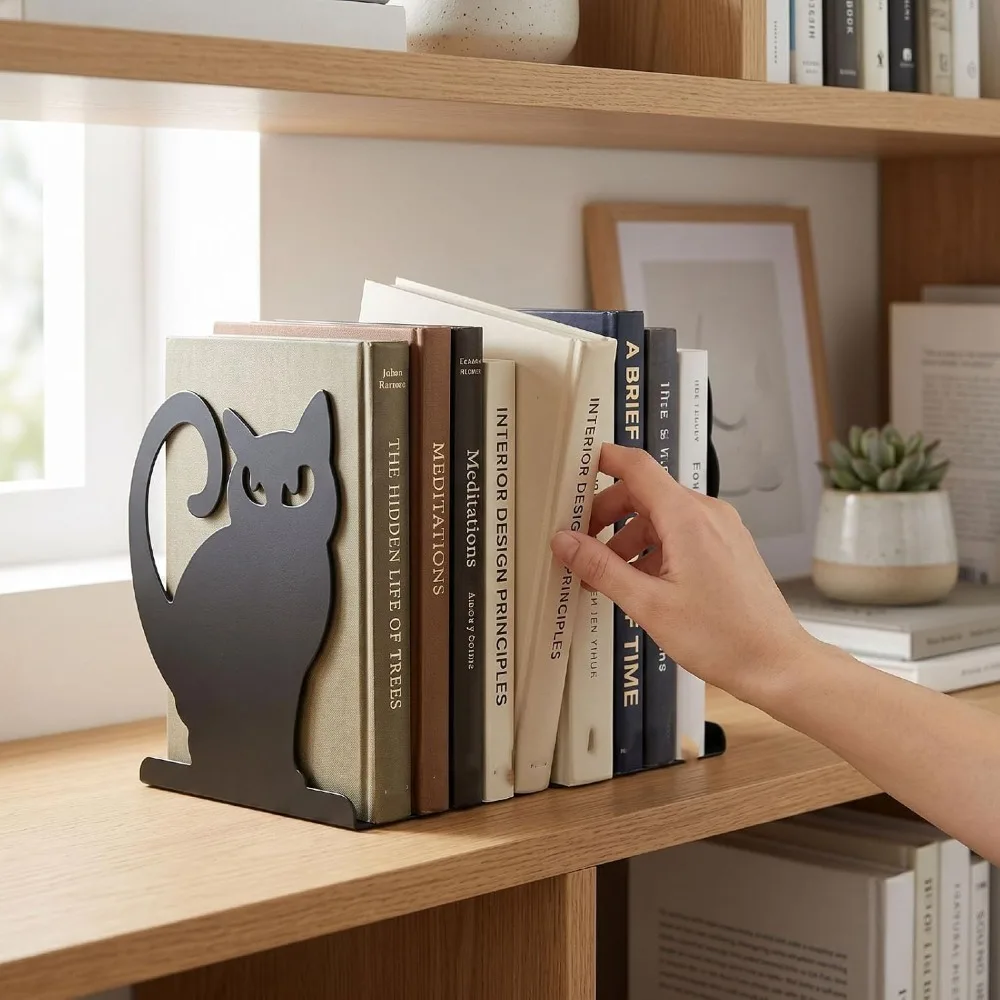 2pcs Iron Decorative Cat Bookend 4.72x4.37x5.87in Black Metal Bookends Thickening Design Non-Skid Base Book Organizer