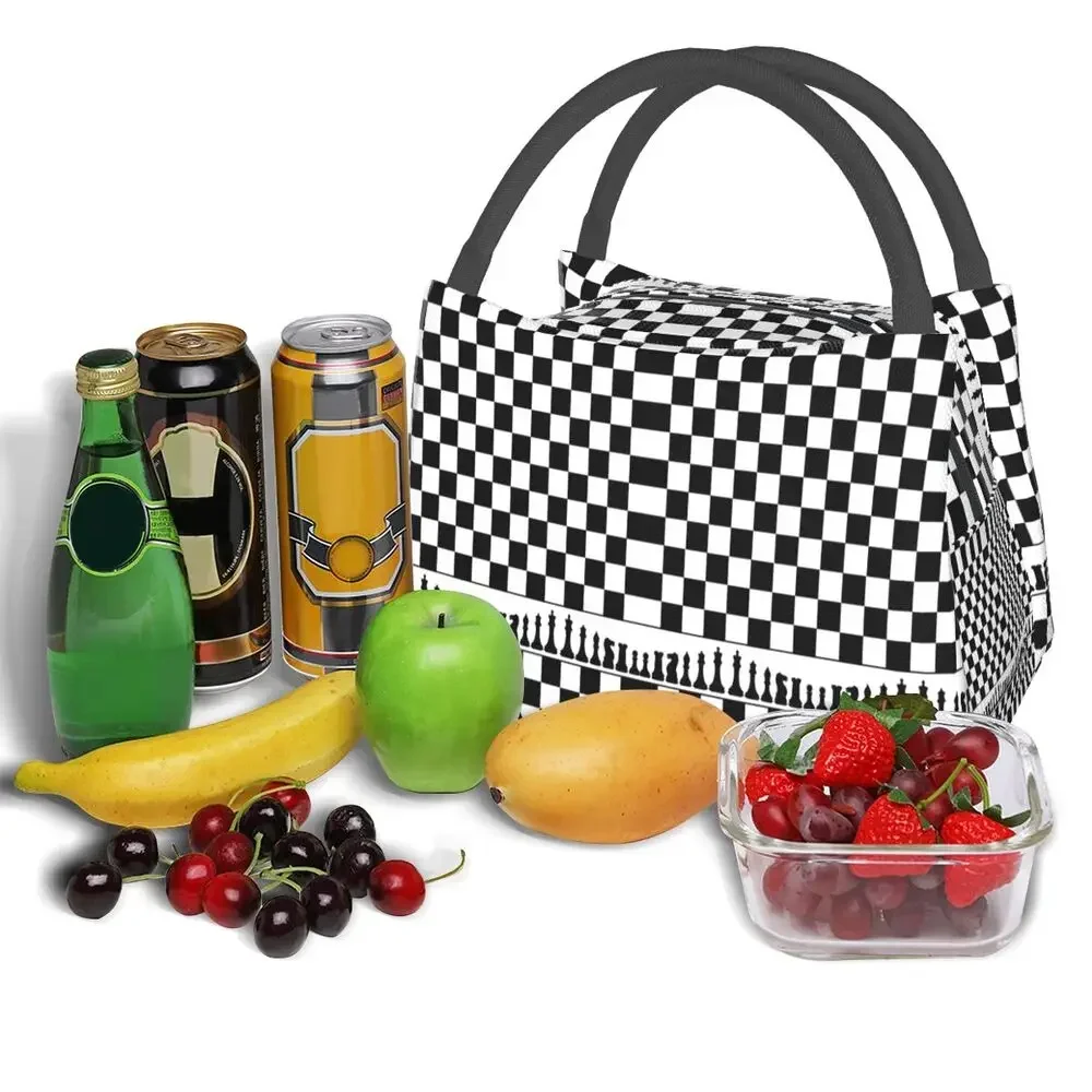 Chess Board Black And White Grid Checkered Lunch Bag for School Bento Storage Food Boxes Container Cooler Thermal Lunch Box Tote