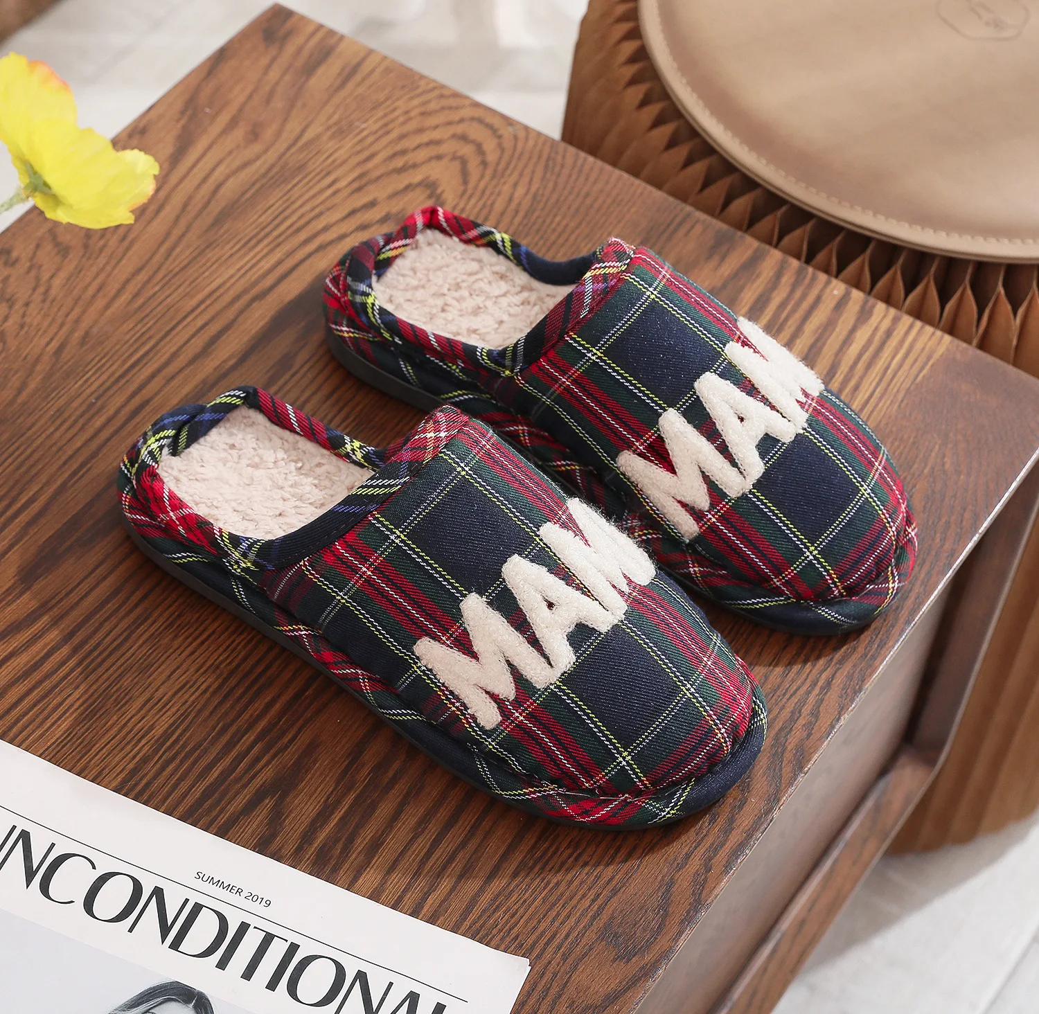 Women's Winter Cotton Slippers Mama Scottish Plaid Home Winter Wool Slippers Thanksgiving Holiday Gift Thick Sole Plush Non Slip