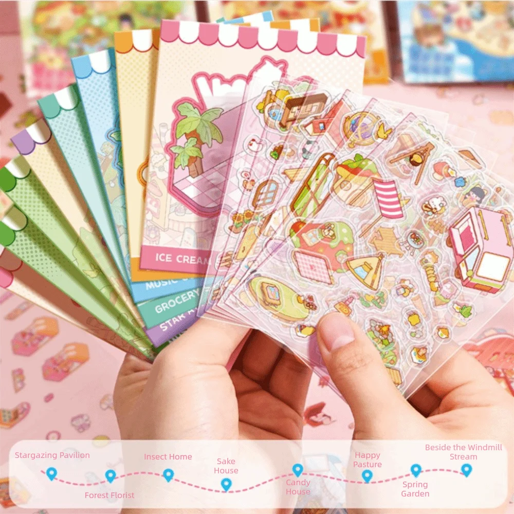 3Pcs Cartoon Miniature Landscape Sticker Collection Decorative Visual Stacking 3D Landscape Sticker Book Miniature Scene Collage