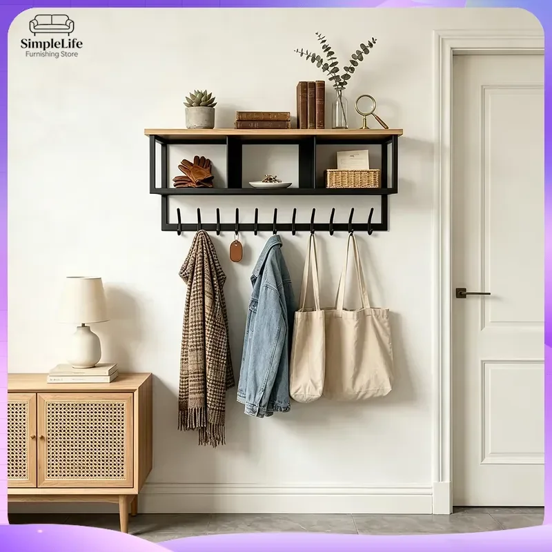 Industrial Wall Mounted Coat Rack with 10 Hooks and 3 Shelves Modern Metal Wood Entryway Hall Tree Storage Organizer for