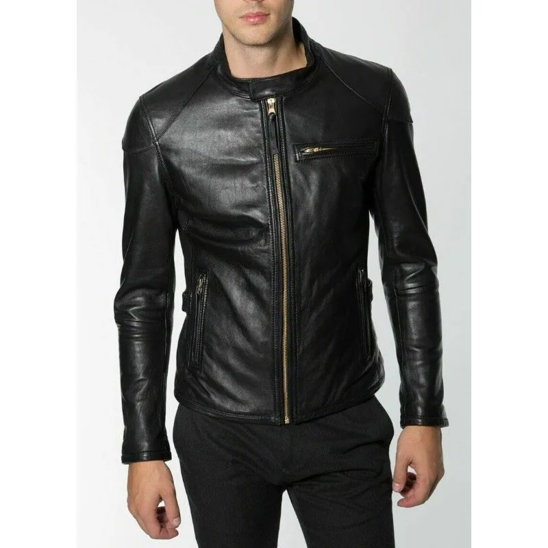 

Men's Leather Jacket Genuine Lambskin Leather Jacket with Gold Zipper Fashion Trend