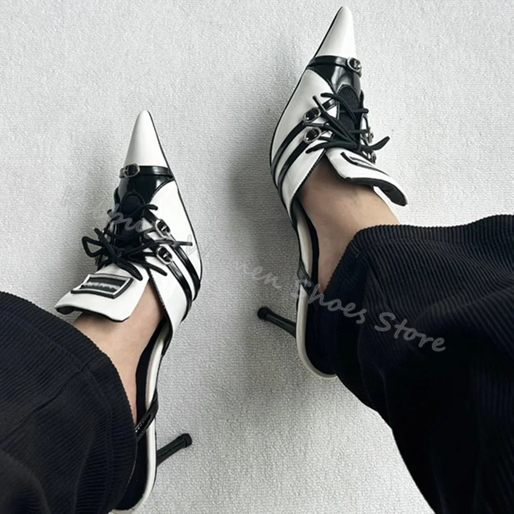 

Mixed Color Gothic Pumps Punk Lace-Up Pointed Toe Thin Heels Leather Slip-On Novelty Fashion Concise Sexy Party Women Shoes New