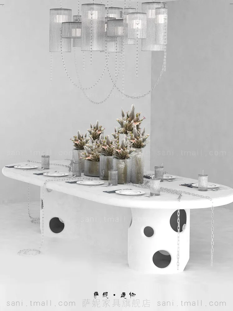 Light luxury simple long table cylindrical base hollow design company lobby end view table personality creative white