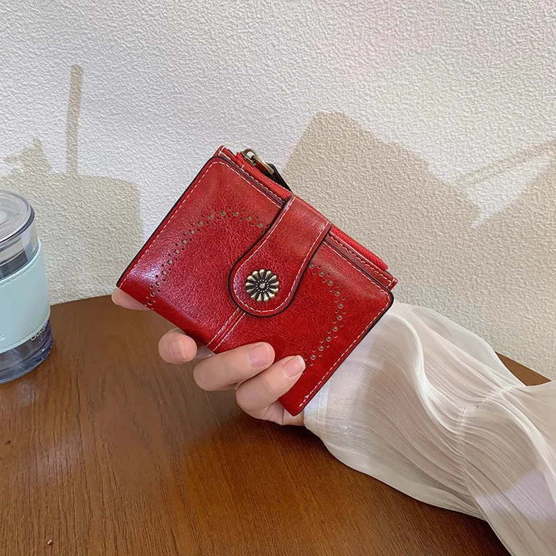 Vintage Hollow Sunflower Trifold Wallet, Dual ID Windows & Side Zipper Pocket for Women Cards Cash Elegant Clutch Bag