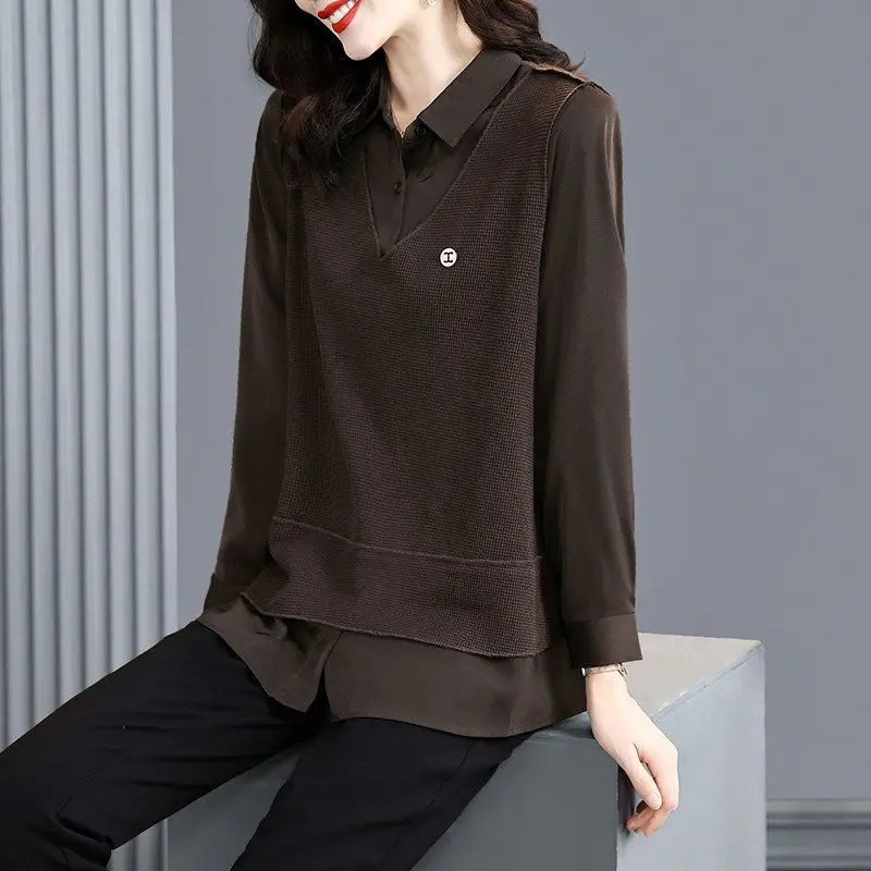 Fashion Spliced Button Folds Fake Two Pieces Blouses Women\'s Clothing 2023 Autumn Winter Loose Casual Tops Office Lady Shirts