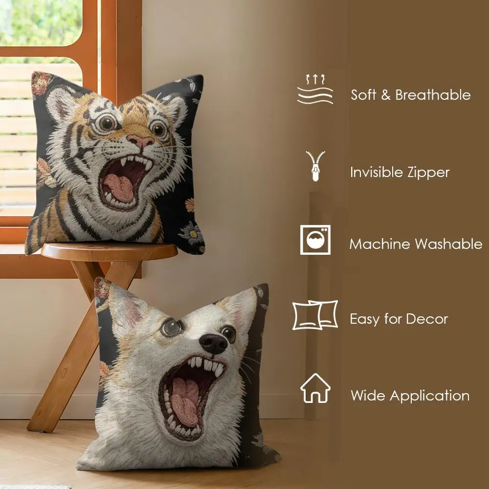 2D Scream Funny Animals Cushion Cover Natural Linen Organic Fabric Double-Sided Printing Breathable Perfect Gift For Decor