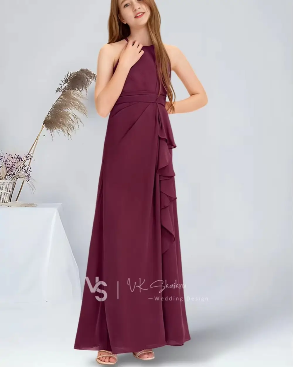 

BBA A-line Halter Floor-Length Chiffon Junior Bridesmaid Dress With Cascading Ruffles Mulberry Flower Girl Dress Wedding Teens