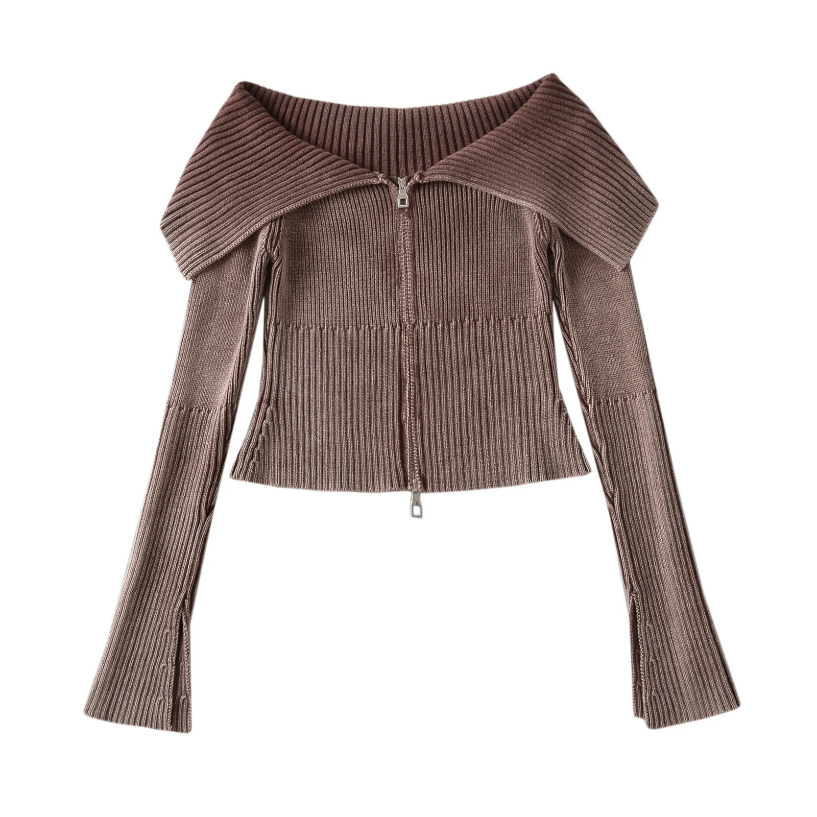 DSMTRC Women's Fashion Lapel Collar Slim Autumn Street Sweater Female Commuting Sweater Off Shoulder Double Zipper Crop Cardigan