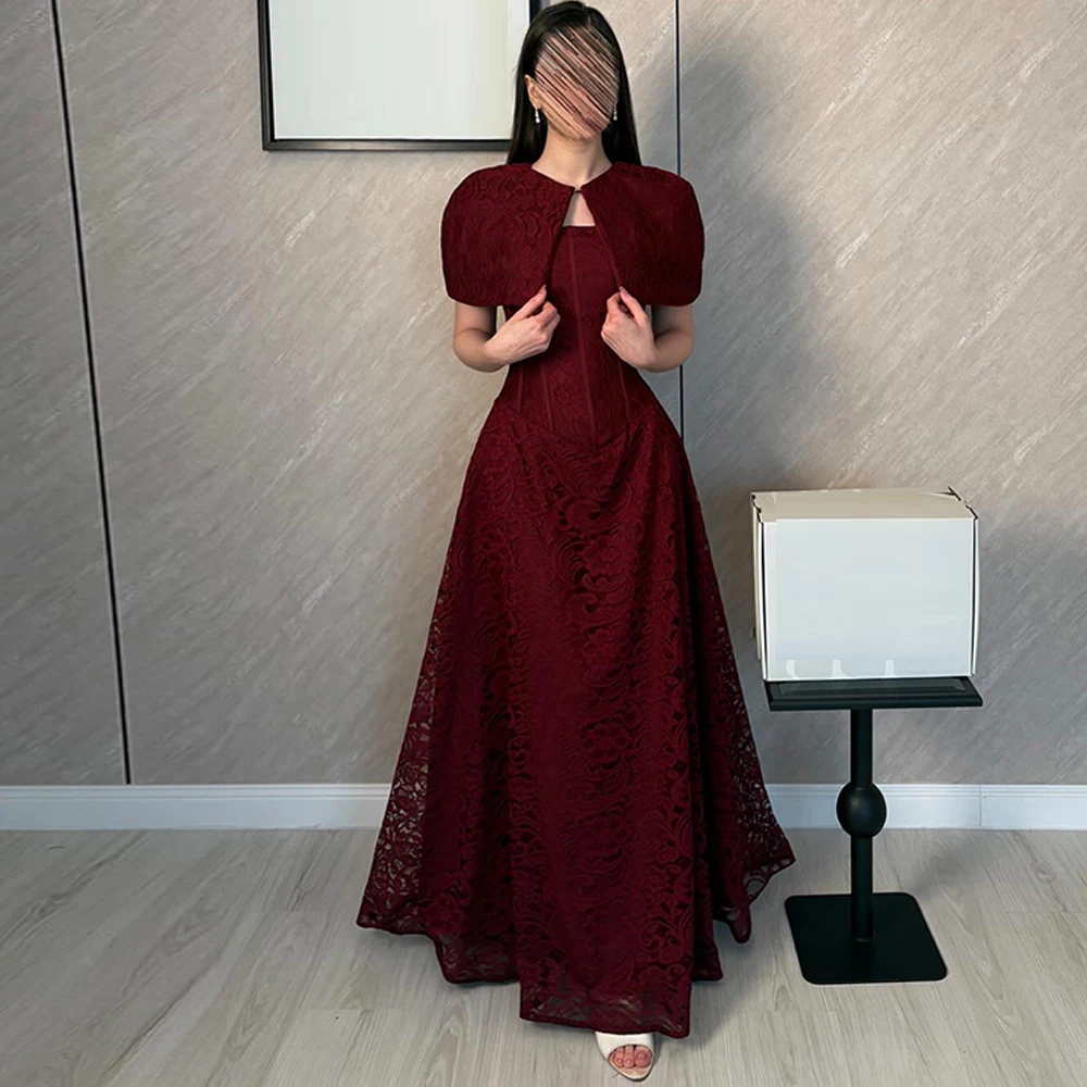 

Fashion Burgundy Lace Evening Dress Graceful O-Neck Shawl Prom Dresses Modern Short Sleeves Customized Special Occasion Gowns