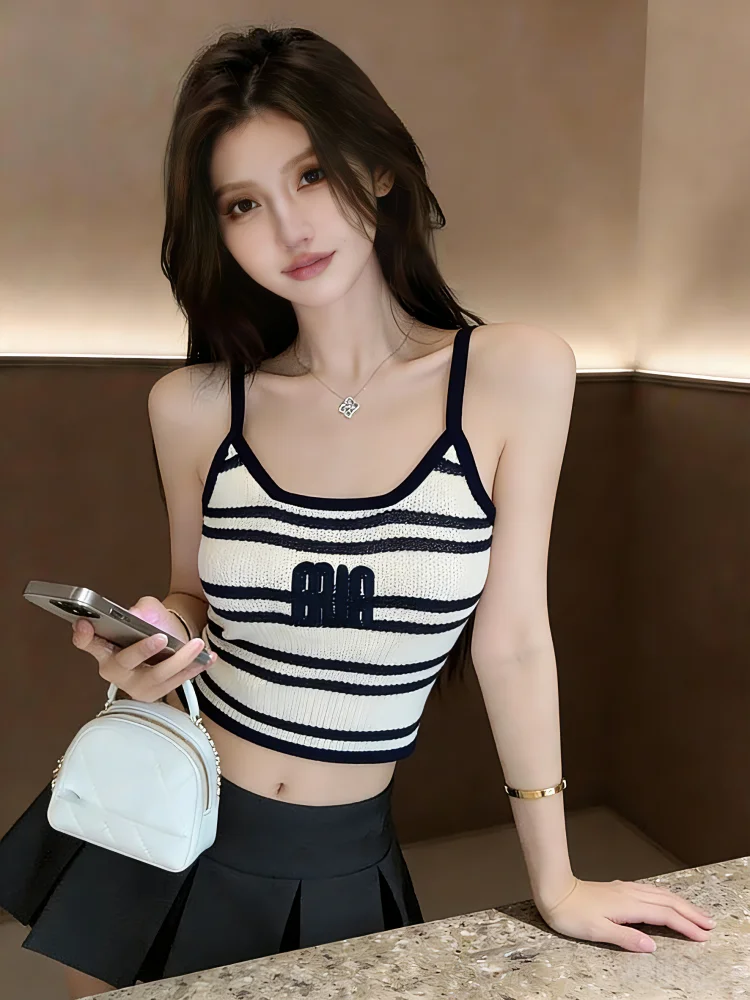

Retro Striped Knitted Strap Vest Women's Inner Wear Outerwear Sexy Spicy Small Top Self-kept Style Commute Slim Fit Silk