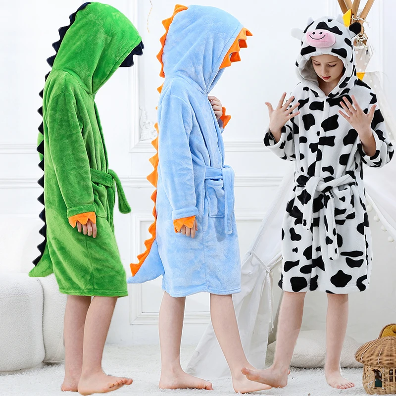 Halloween Dinosaur Bathrobes for Children 3 5 7 9 11 13 Years Kids Animal Flannel Homewear Boy Hooded Sleepwear Girls Nightgown